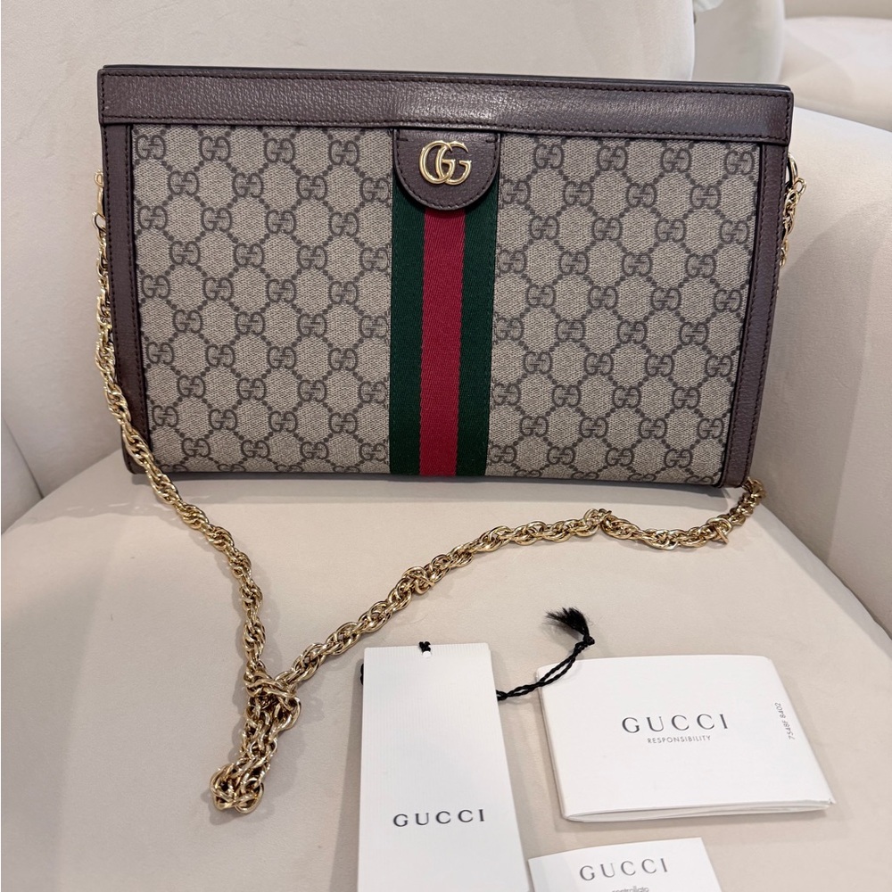 Gucci Gray and Green Crossbody Bag with Gold Chain LARGE